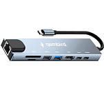USB Type-C Хаб GEMBIRD UHB-D3, 8в1: USB2.0, USB3.1, Type-C PD87W, Type-C, HDMI, SD/TF, RJ45, кабель 20см, алюминий