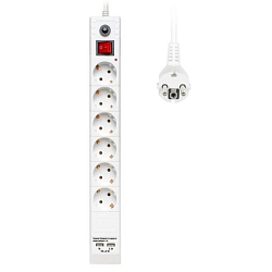 Сетевой фильтр  3.0м BURO BU-SP3_USB_2A-W, 6 розеток, 3м, белый, коробка