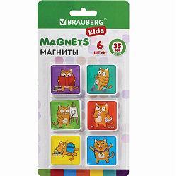Магниты BRAUBERG KIDS КОТ-ЭНТУЗИАСТ стеклянные 35 мм, набор 6 шт