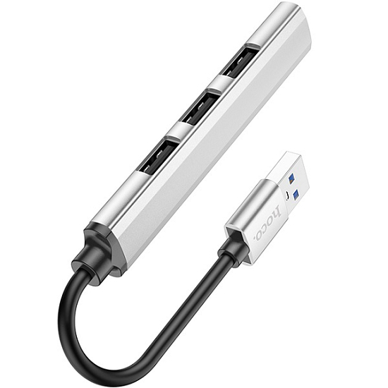 USB-Хаб HOCO HB26, 4 гнезда, 3 USB 2.0, 1 USB 3.0, кабель Type-C, серебряный