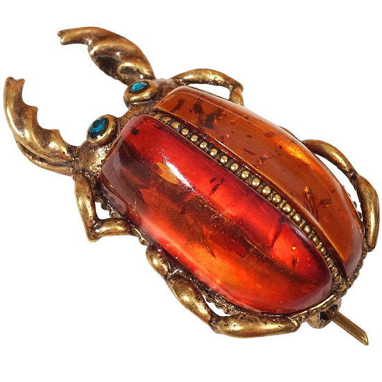 Брошь "Янтарь" жук майский, цвет коньячный в бронзе
