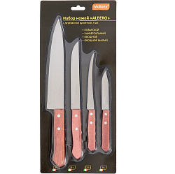 Набор ножей с деревянной рукояткой ALBERO 4 шт (поварск, универс., овощ., овощной малый) арт 007092