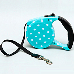 Рулетка с поводком-лентой, резиновая ручка, 5 м, вес животного до 15 кг, голубая в горошек