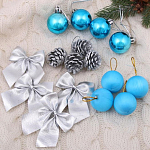 Набор украшений пластик 16 шт "Карнавал" (4 бантика,4 шишки,8 шаров) серебро, голубой 1400078