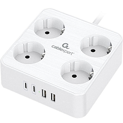 Сетевой фильтр  2.0м CABLEXPERT Plate, PLT-4-C2U2-W-2, белый, 4 розетки, 10А, 2Type-C PD, 20Вт, 2USB, 2.4A, 2м, ур.защиты 4+, коробка