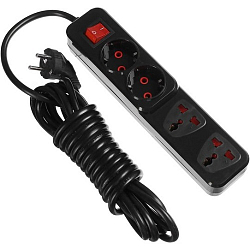 Сетевой удлинитель  5.0м LUAZON Lighting, 2 евро+2 унив.роз. 2200 Вт, 2х0.5 мм2, с выкл., черный 5101837