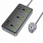 Сетевой фильтр  1.5м BOROFONE BAC2A, черный, 3 розетки, 3хUSB, Type-C, с выключателем