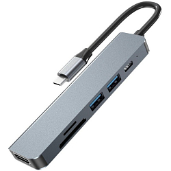 USB Type-C-Хаб VCOM CU4371, Type-CM-->PD+2*USB3.0+TF+SD+HDMI(4K*30Hz)AlumiShell