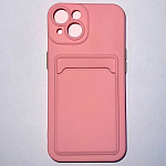 Силиконовый чехол BUTTON для iPhone 14 (Розовый) с карманом для пластиковых карт