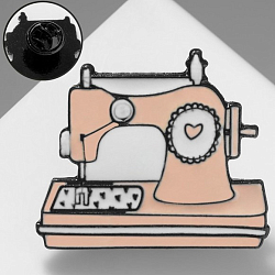Значок "Швейная машинка" с сердцем, цвет бело-розовый в чёрном металле