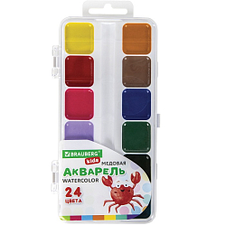 Краски акварельные BRAUBERG KIDS, медовые, 24 цвета, квадратные кюветы, пластиковый пенал