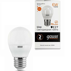 Лампа светодиодная GAUSS Elementary Шар G45 6W/3000K/Е27 1/10/100