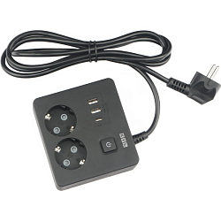 Сетевой удлинитель  1.9м POWER CUBE PC-1B-2M, черный, 2 розетки, 3USB, с/з, с вык.16А