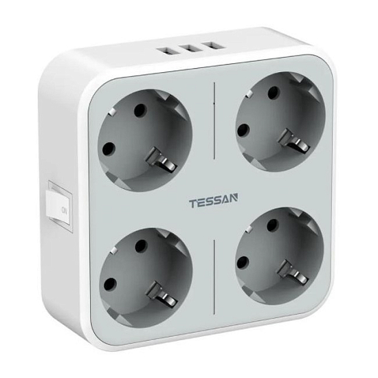 Сетевой разветвитель 4гн. TESSAN TS-302-DE, 3USB, Grey