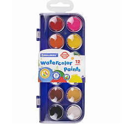 Краски акварельные BRAUBERG "PREMIUM" 12 цветов, круглые кюветы 28 мм, пенал, 191743