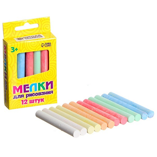 Мелки для рисования, набор 12 шт , 6 цветов, 50 гр