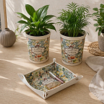 Набор кашпо бежевые цветы 2 шт. + поднос бежевый 1 шт. (уп.18х13х13)