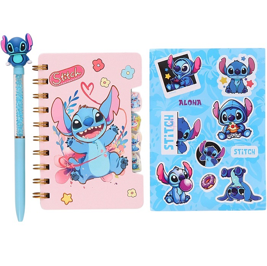 Блокнот А6, 65 л, ручка и стикеры-наклейки, Стич