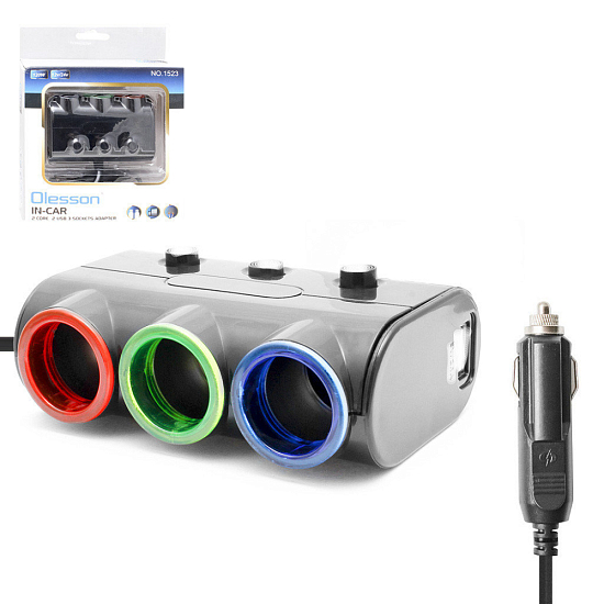 Разветвитель прикуривателя OLESSON 1523 (3 выхода + 1 USB) черный