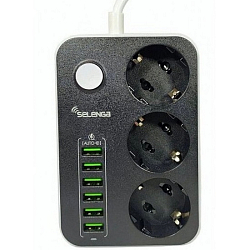Сетевой удлинитель  1.6м SELENGA PS306 черный, 3 розетки + 6USB