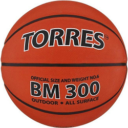 Мяч баскетбольный Torres BM300, B00016, резина, клееный, 8 панелей, размер 6