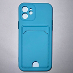 Силиконовый чехол BUTTON для iPhone 12, голубой , с карманом для пластиковых карт