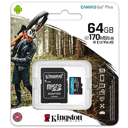 Micro SD 64Gb Kingston Class 10 Canvas Go Plus UHS-I U3 V30 A2 (170/70 Mb/s) + адаптер SD