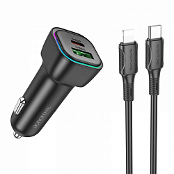 Авто ЗУ 1USB/1Type-C BOROFONE BZ28A, Trophie, черный, 30Вт, кабель Type-C-Lightning