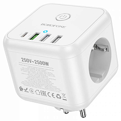 Сетевой разветвитель 3гн. BOROFONE BAC10, 3USB/1Type-C, white