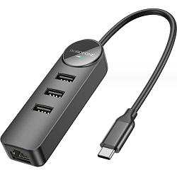 USB-Хаб BOROFONE DH6 Erudite 4-in-1, 3 USB3.0 , RJ45,  кабель Type-C 0.2м, чёрный