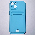 Силиконовый чехол BUTTON для iPhone 14, голубой , с карманом для пластик карт