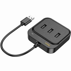 USB-Хаб HOCO HB35 EasyLink, 4 гнезда, 3xUSB 2.0, RJ45, кабель Type-C 0.2м, черный