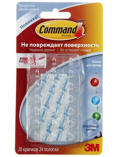 Клипса Command 17026CLR, для гирлянд, прозрачная основа, 20 шт