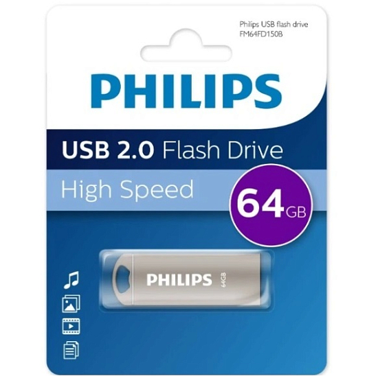 USB 64Gb Philips IRON 2.0, металл, серый