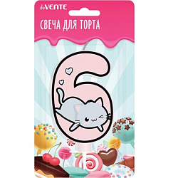 Свеча-цифра для торта "Котик" 6, размер свечки 9,1x6,6x1 см, с рисунком, розовая