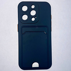Силиконовый чехол BUTTON для iPhone 15 PRO, темно-синий, с карманом для пластик карт