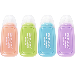 Корректирующая лента BRAUBERG COMPACT PLUS PASTEL, 5 мм х 6 м, корпус ассорти, блистер , 270551