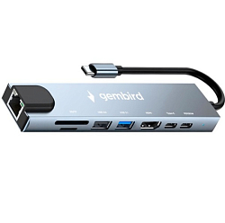 USB Type-C Хаб GEMBIRD UHB-D3, 8в1: USB2.0, USB3.1, Type-C PD87W, Type-C, HDMI, SD/TF, RJ45, кабель 20см, алюминий