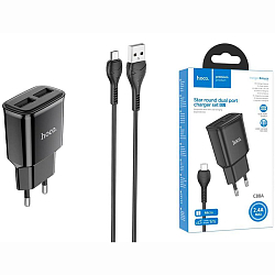 Сетевое ЗУ 2USB 2.4A HOCO C88A Black, microUSB