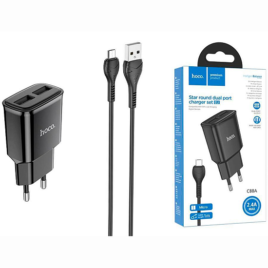Сетевое ЗУ 2USB 2.4A HOCO C88A Black, microUSB