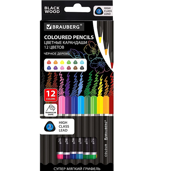 Карандаши цветные BRAUBERG BLACK WOOD, 12 цв 181948