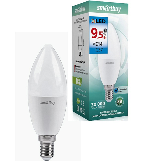 Лампа светодиодная SMARTBUY C37 9.5W/6000K/E14 (свеча, холодный дневной свет)