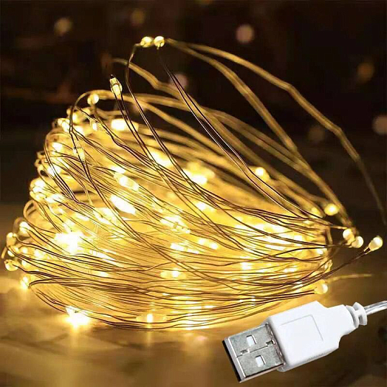 Гирлянда "Нить - Роса - USB" 10 м, свечение желтое