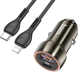 Авто ЗУ 1USB/1Type-C HOCO Z46A, Blue whale, серый, Lightning <--> Type-C, 18Вт, QC, AFC, FCP