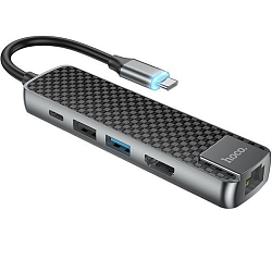 USB-Хаб HOCO HB23, Easy, 2USB, RJ45, 1 HDMI, кабель Type-C, серый 