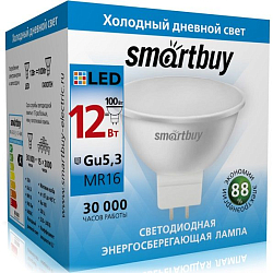 Лампа светодиодная SMARTBUY MR16 12W6000K/GU5.3 (холодный свет) (1/100)