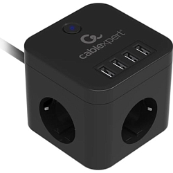 Сетевой фильтр  1.5м CABLEXPERT Cube CUBE-3-U4-B-1.5, черный, 3 розетки, 10А, 4USB, защиты 4+, коробка