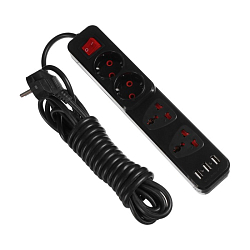 Сетевой удлинитель  5.0м LUAZON Lighting, 2 евро+2 унив.роз. 2200Вт, 2х0.5 мм2, 3хUSB, с выкл., Ч 5101841