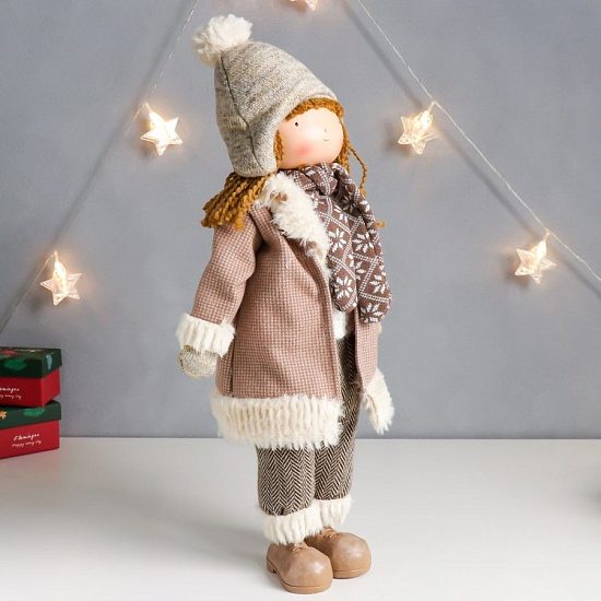 Кукла интерьерная "Девочка с косичками в пальто с мехом" 48,5х12х23,5 см   4900729