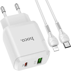 Cетевое ЗУ 1USB/1Type-C 3A HOCO N5, Favor, белый,  Lightning <--> Type-, 20Вт, QC3.0, PD3.0
